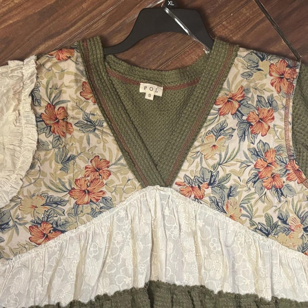 Pol smt2813 olive green small hi low oversized tiered patchwork vintage blooms - Picture 7 of 7